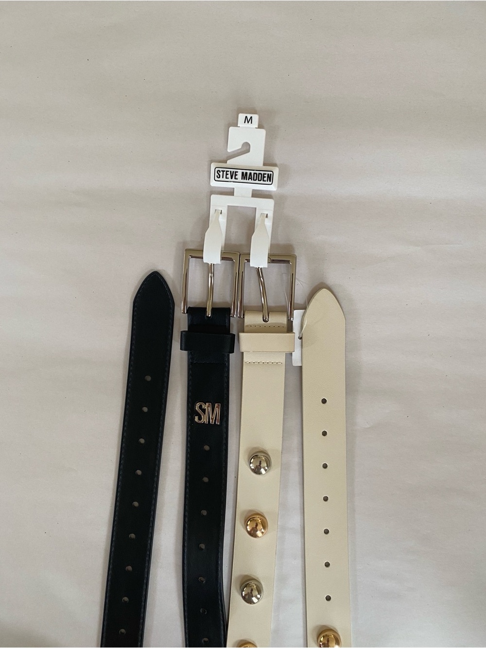 Steve Madden Black and Cream Studded & Logo Belt Two Piece Set